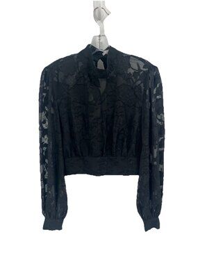 Senlis Black Sheer Lace Crop Top High Neck Long Sleeve Romantic Gothic Blouse M